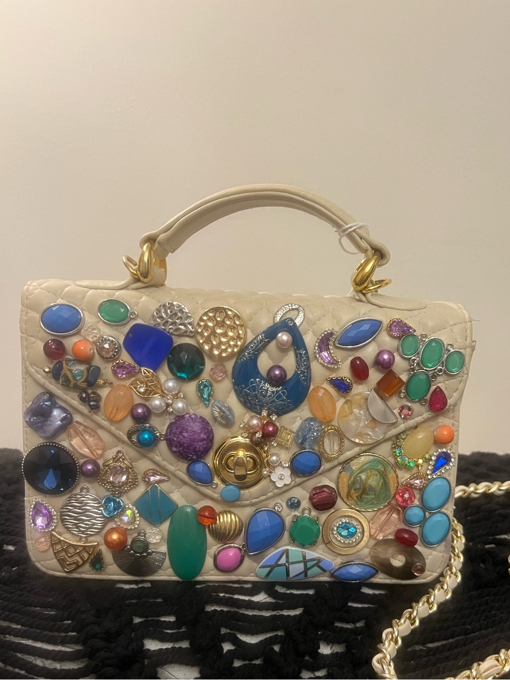 Embellished Cream Quilted Top-Handle Bag